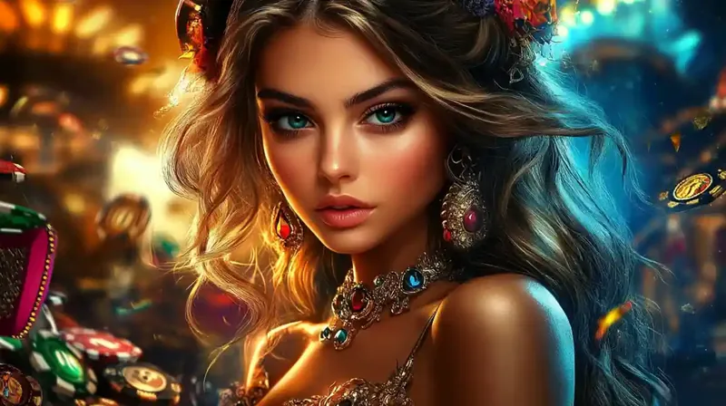 Elegant woman with jewelry in luxurious casino atmosphere with chips and cards