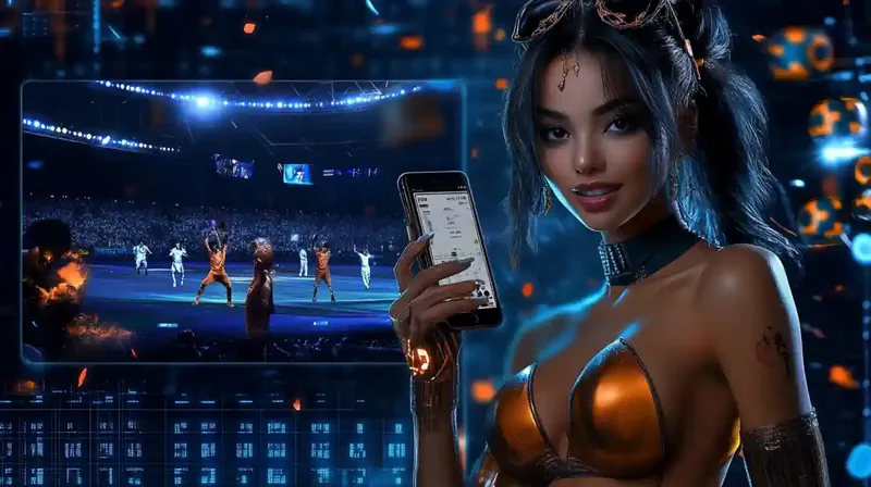 Woman holding smartphone with sports betting interface in stadium background